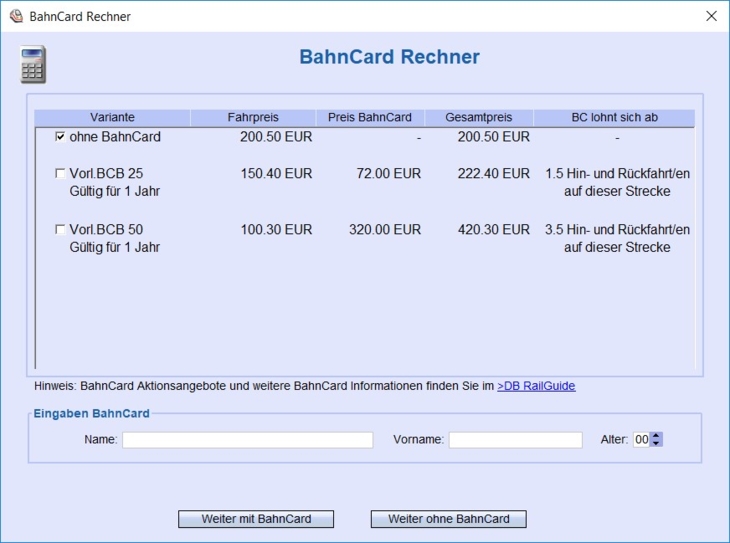 Amadeus Bahncard-Rechner 1